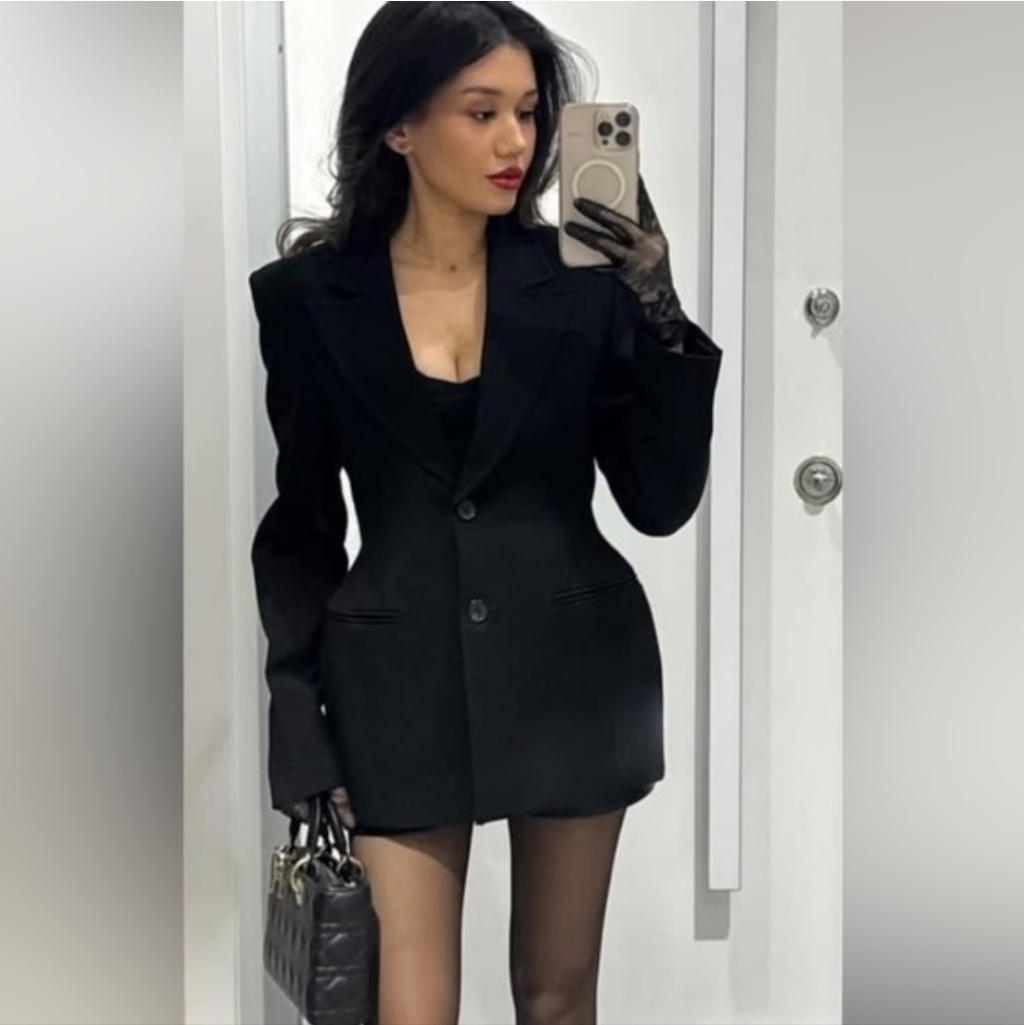 Zara Hourglass Fitted Cinched Waist Blazer Black Size Xs